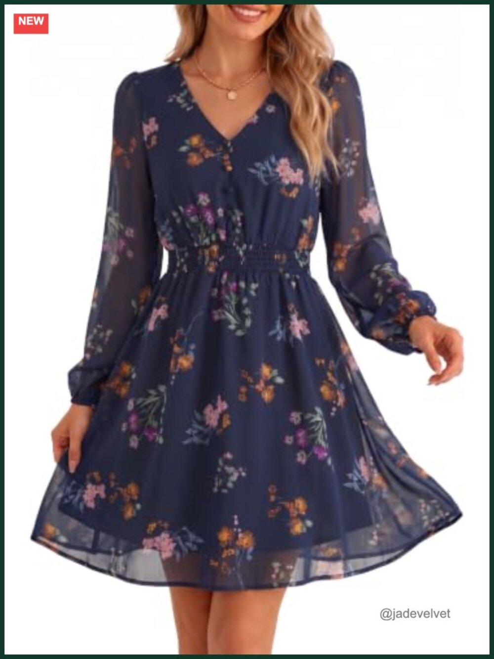 Flowy Floral Mini Dress V Neck Long Sleeve Chiffon Boho
